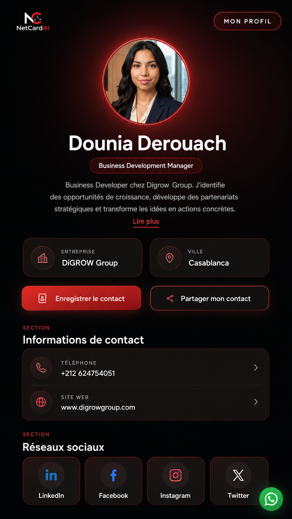 Aperçu profil NetCardAI
